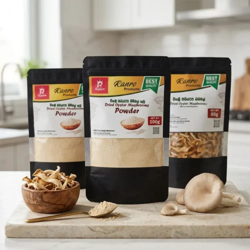 Ranro Dried Mushroom & Powder– Premium Quality Packs Ranro dried mushroom and mushroom powder packs, Sri Lankan culinary product