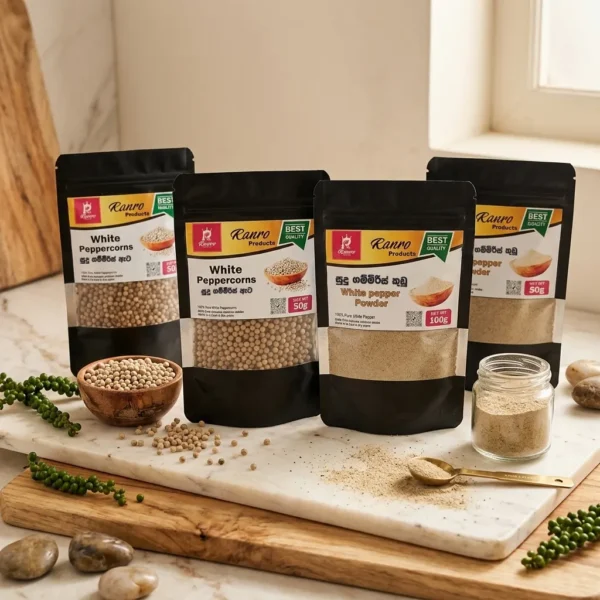Ranro Pure White Pepper Powder and premium spice collection packs displayed on a kitchen counter in Sri Lanka.